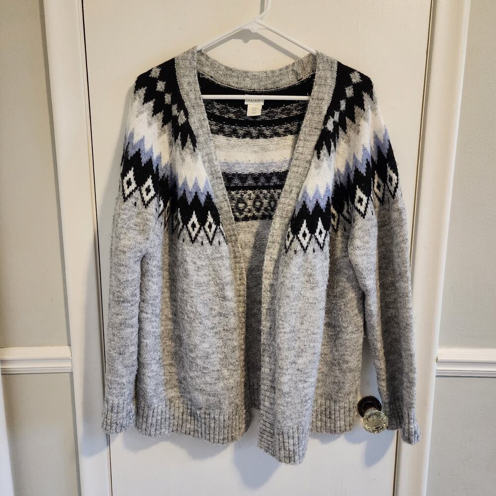 Aspen Open Cardigan Women's XL Sweater Gray Fair Isle Blue White Soft And Cozy